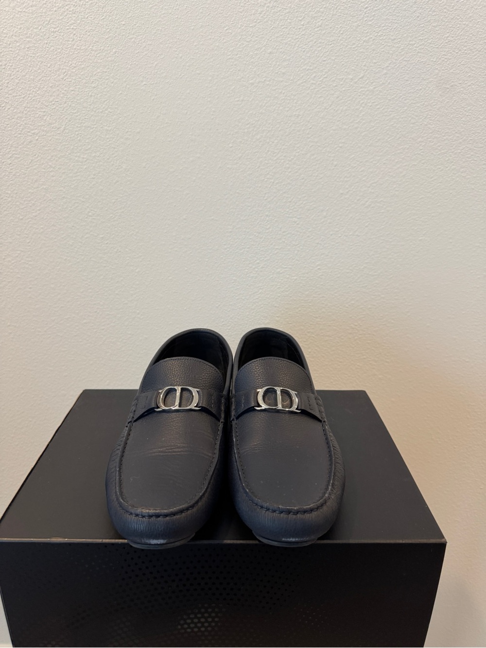 Dior Navy Leather Slip-On Loafers with Silver CD Buckle